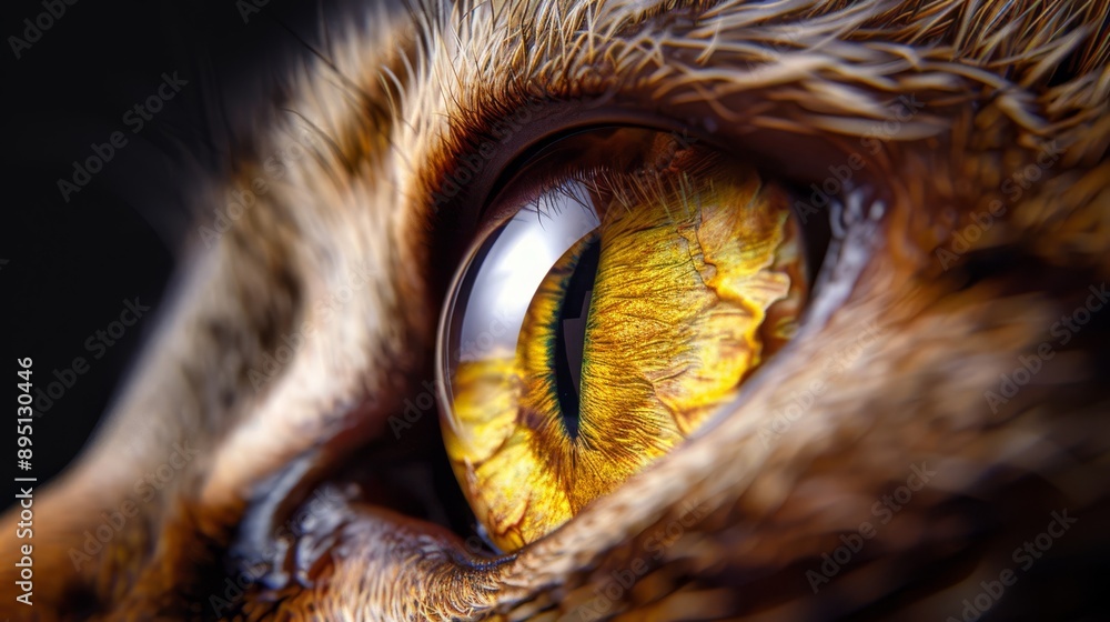 A close-up of a cat's eye, displaying its yellow and brown irises A close-up of a cat's eye, displaying its yellow and brown irises