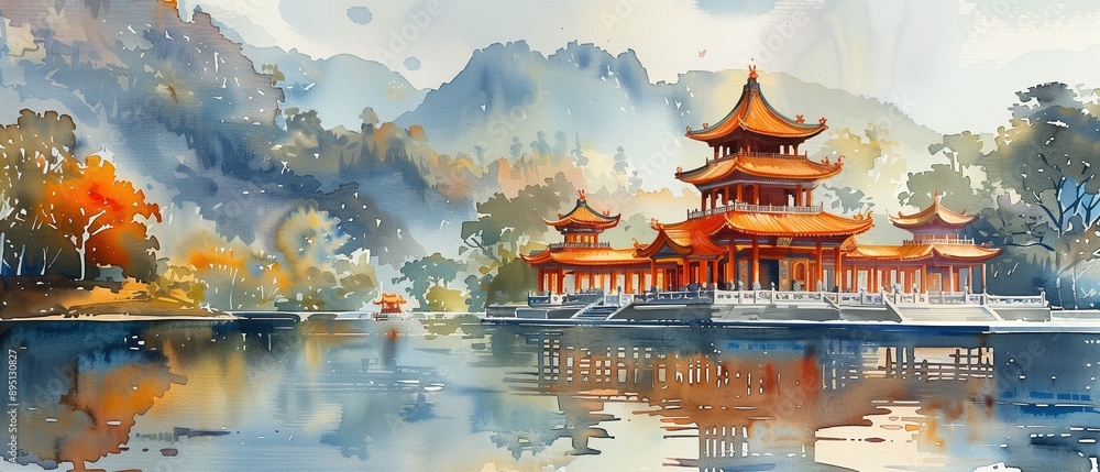 Obraz premium Traditional Chinese Temple on a Tranquil Lake