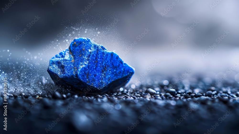 A blue rock perched atop a wet rock, speckled with numerous water droplets A blue rock perched atop a wet rock, speckled with numerous water droplets