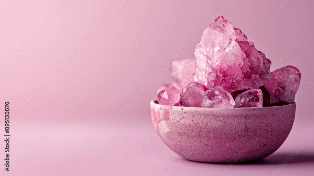 A bowl full of pink crystals atop a pink counter, adjacent to a pink wall and pink backdrop A bowl full of pink crystals atop a pink counter, adjacent to a pink wall and pink backdrop