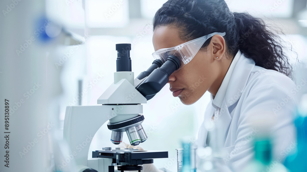 A researcher in a lab looking through a microscope, cancer research equipment and samples around A researcher in a lab looking through a microscope, cancer research equipment and samples around