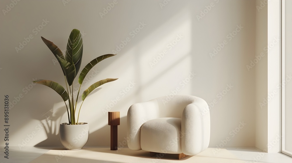 Minimalist Living Room with Elegant Armchair in Neutral Home Interior Minimalist Living Room with Elegant Armchair in Neutral Home Interior