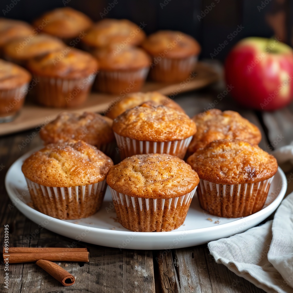 Freshly baked apple muffins on a plate, perfect for autumn. Freshly baked apple muffins on a plate, perfect for autumn.