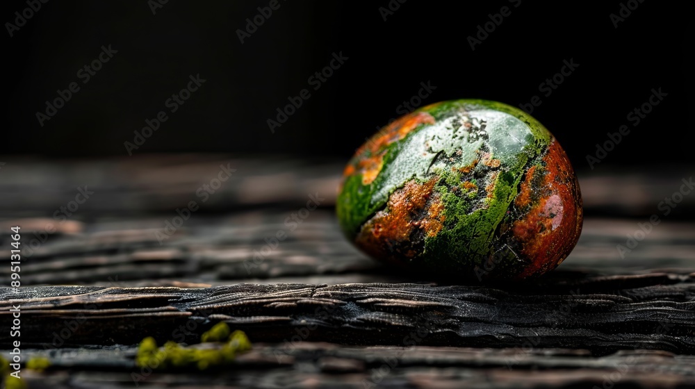 A tight shot of an orange and green object on a weathered wood plank, sporting lichen-textured paint A tight shot of an orange and green object on a weathered wood plank, sporting lichen-textured paint