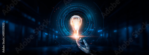 Fotografie Finance Technology: digital payments, blockchain, hand of robotic holding glowing finance in light bulb on big data processing, security, innovation, and technology