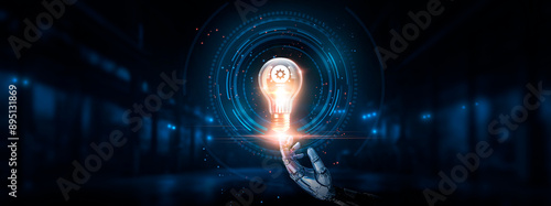 Innovation Technology: Cutting-edge advancements, creative solutions, hand of robotic holding glowing innovation in light bulb on big data processing, transformation, innovation and technology. photo