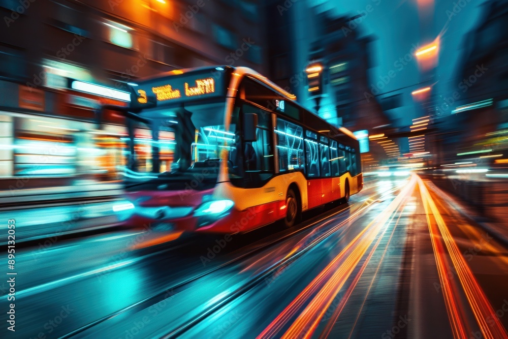 A buss speeding in the city at night with taillights giving a speed impression A buss speeding in the city at night with taillights giving a speed impression