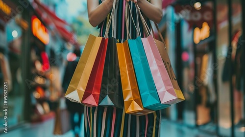 Colorful shopping bags held by a shopper in a bustling urban retail district, capturing the excitement of a successful shopping spree and consumer culture. photo