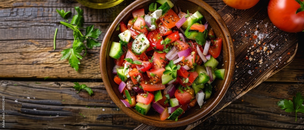 A wooden table holds a bowl filled with cucumbers, tomatoes, onions, and seasonings A wooden table holds a bowl filled with cucumbers, tomatoes, onions, and seasonings