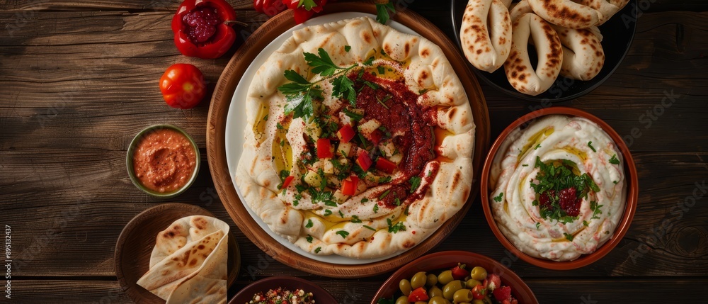 A platter of hummus, pita bread, olives, tomatoes, and pitas A platter of hummus, pita bread, olives, tomatoes, and pitas