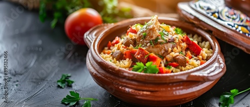  A tight shot of a laden bowl with meat and vegetables on a nearby table Tomatoes and parsley gracefully adorn the scene