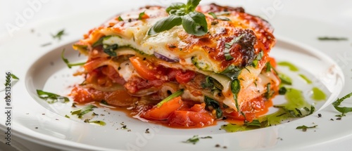  A white plate holds a lasagna, its cheesy surface adorned with vegetables and garnishes