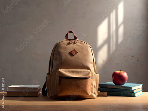 Wallpaper Mural Backpack with school supplies, books, apple on the table. Back to school with copyspace. Torontodigital.ca