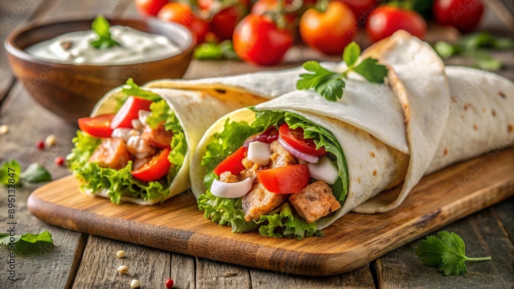 Chicken meat wrapped in pita bread with tomatoes, cucumber, pickled cucumber, salad mix and Greek yogurt sus with grains, on a wooden tray Snack Chicken meat wrapped in pita bread with tomatoes, cucumber, pickled cucumber, salad mix and Greek yogurt sus with grains, on a wooden tray Snack