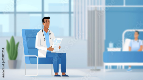 An oncologist reviewing a patient's medical chart in a modern hospital room, patient sitting nearby, compassionate atmosphere 