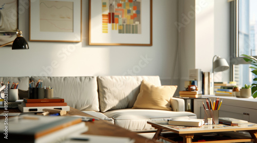 Wallpaper Mural Artistic home office with a creative clutter, sketchbooks, art supplies, cozy seating, inspirational decor, and warm lighting  Torontodigital.ca