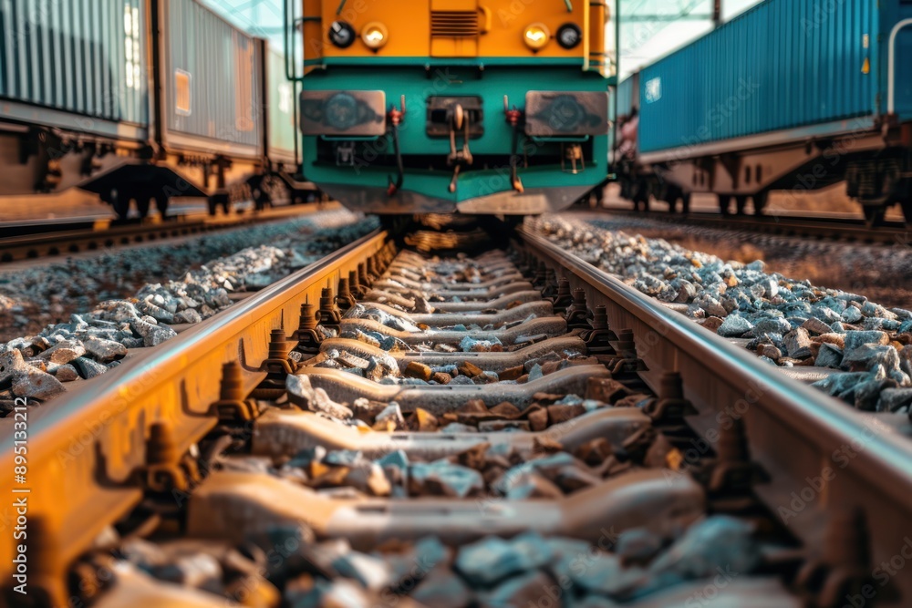 A close-up shot of a freight train locomotive pulling a long line of cargo cars on railroad tracks A close-up shot of a freight train locomotive pulling a long line of cargo cars on railroad tracks
