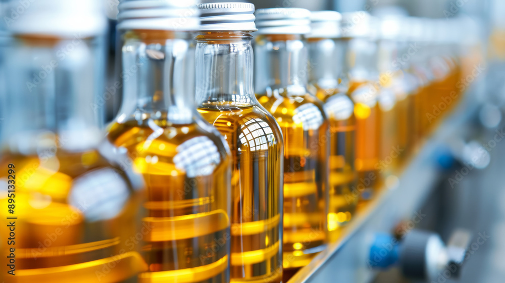 Bottling line for sunflower oil, clear bottles being filled with golden oil, modern equipment, efficient process Bottling line for sunflower oil, clear bottles being filled with golden oil, modern equipment, efficient process