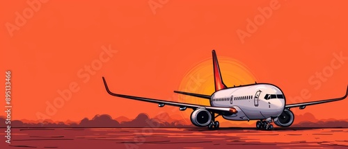  A large jetliner atop an airport tarmac, framed by a red sunset sky