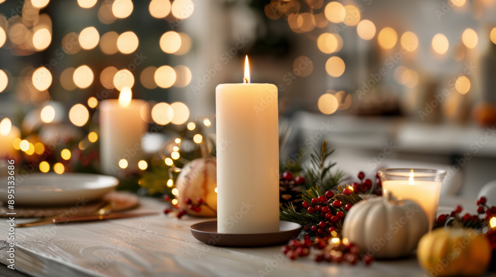 Candlelit dinner table set with fall-themed decorations, warm lighting, and a cozy atmosphere, perfect for a hygge evening Candlelit dinner table set with fall-themed decorations, warm lighting, and a cozy atmosphere, perfect for a hygge evening