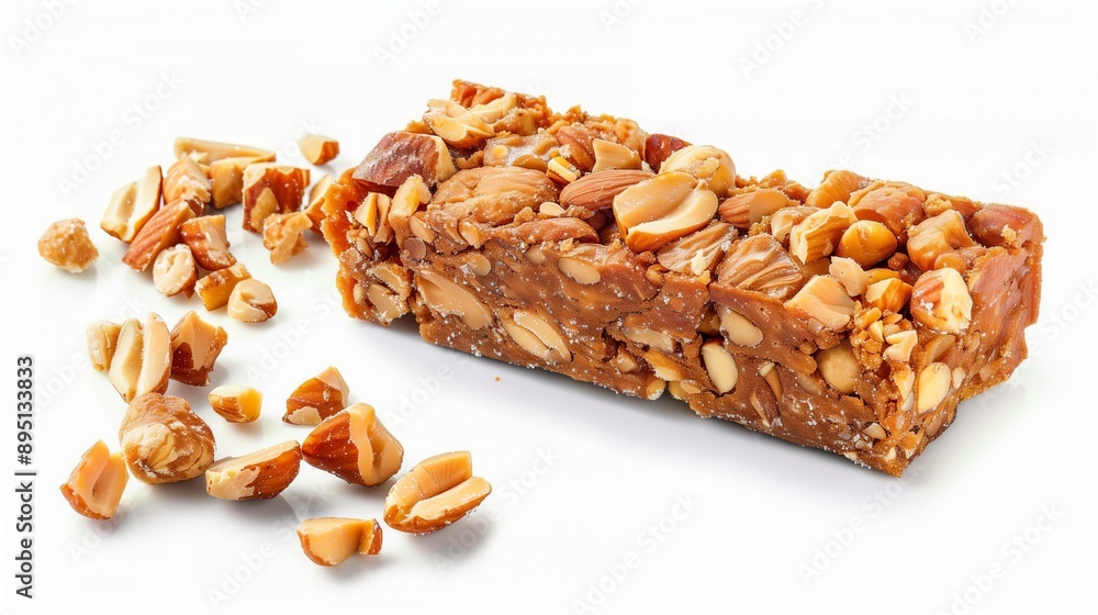 Close-up of a nut granola bar with scattered mixed nuts on a white background Close-up of a nut granola bar with scattered mixed nuts on a white background