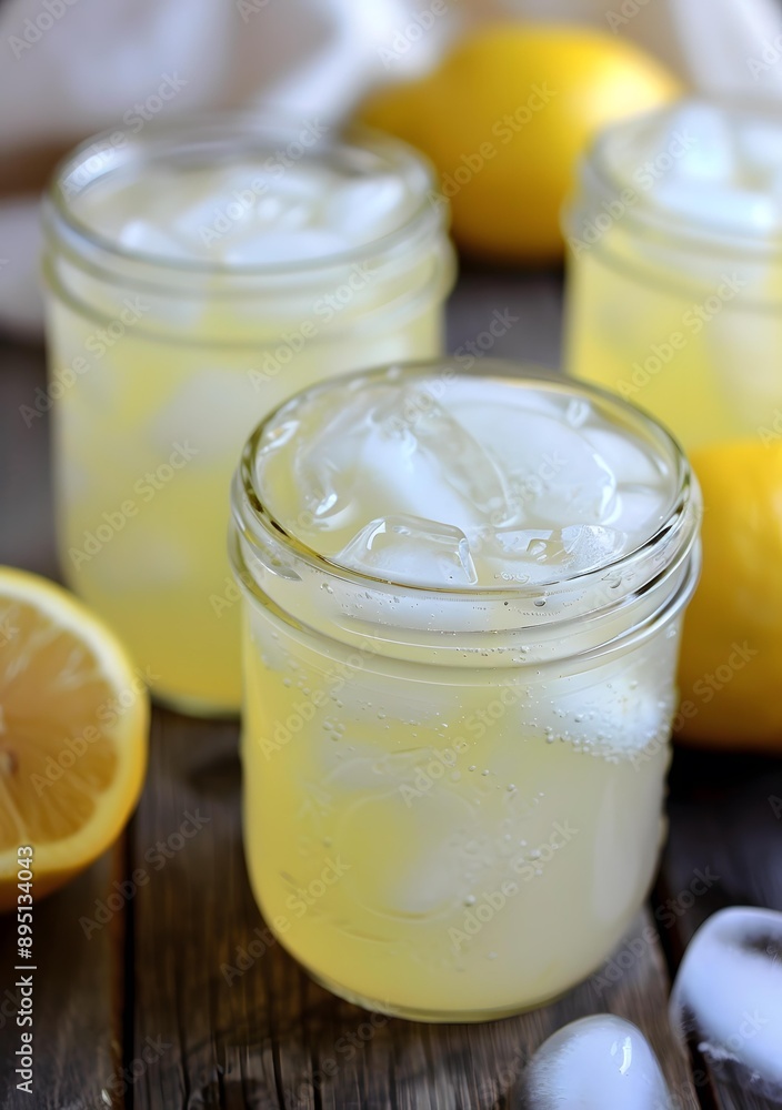 Refreshing Lemonade With Ice Cubes in Mason Jars Refreshing Lemonade With Ice Cubes in Mason Jars