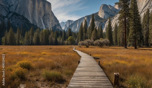 Pathway through autumn meadow leading to mountains. photo