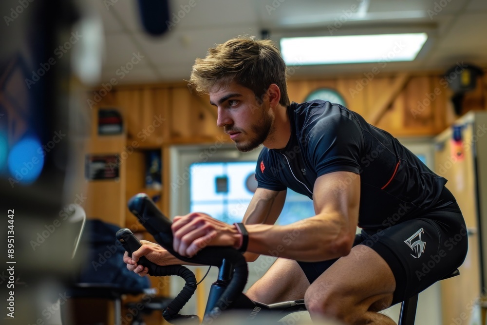 A man using a stationary bike for indoor cycling A man using a stationary bike for indoor cycling