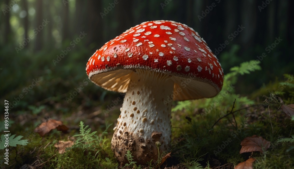 Fototapeta premium Amanita muscaria mushroom in forest, red with white spots.