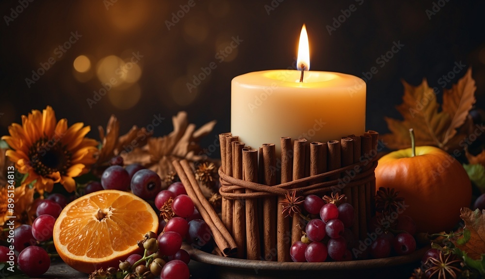 A lit candle amidst fruits and leaves on cozy autumn setup.