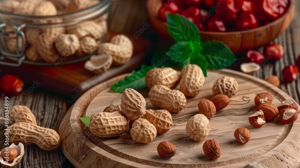 A close-up of peanuts in shells on a wooden platter with fresh mint and red berries in the background. A close-up of peanuts in shells on a wooden platter with fresh mint and red berries in the background.