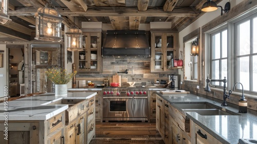 A rustic kitchen with weathered wood cabinets, soapstone countertops, and a wooden beam ceiling, 