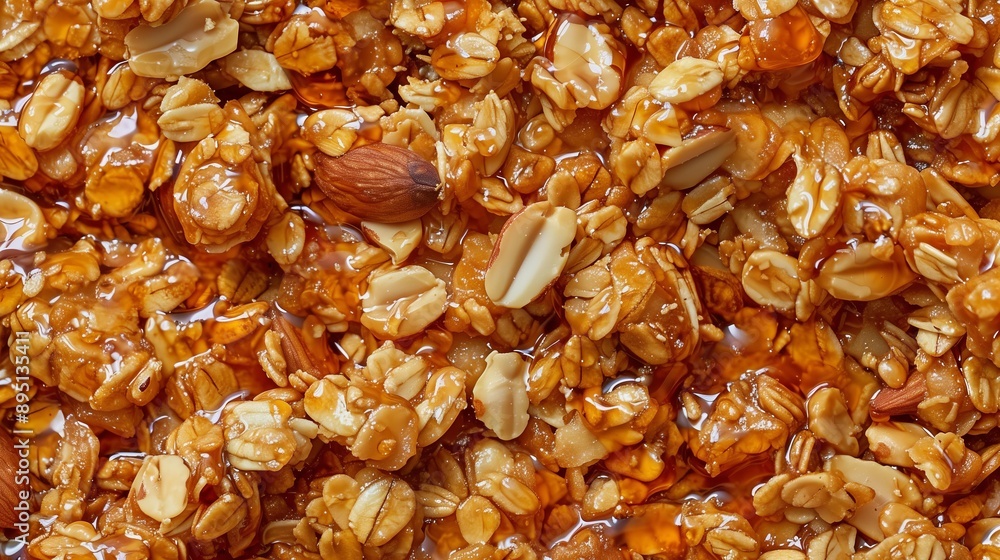 Close-up of crunchy golden granola with oats, almonds, and honey. Close-up of crunchy golden granola with oats, almonds, and honey.