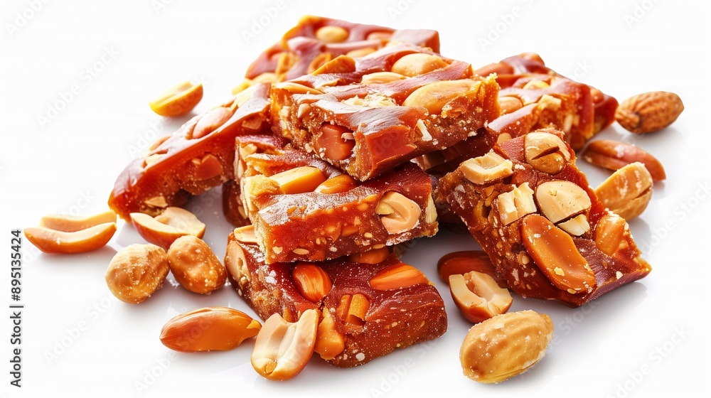 Pile of delicious peanut brittle pieces with whole roasted peanuts on a white background. Pile of delicious peanut brittle pieces with whole roasted peanuts on a white background.
