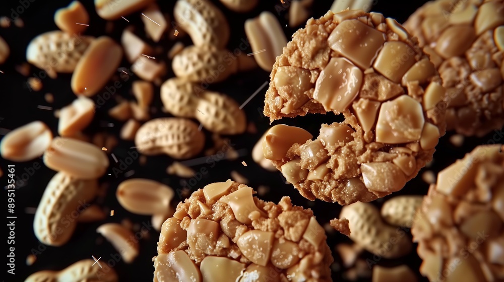 Close-up of peanut brittle with scattered peanuts in the background, capturing the sweet and crunchy texture. Close-up of peanut brittle with scattered peanuts in the background, capturing the sweet and crunchy texture.
