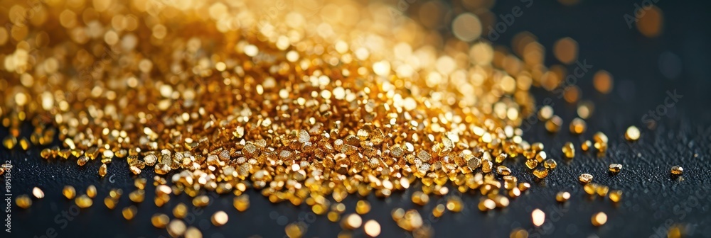 Gold grains on black background with copy space. Precious metal dust, glittering golden sand grainy texture Gold grains on black background with copy space. Precious metal dust, glittering golden sand grainy texture