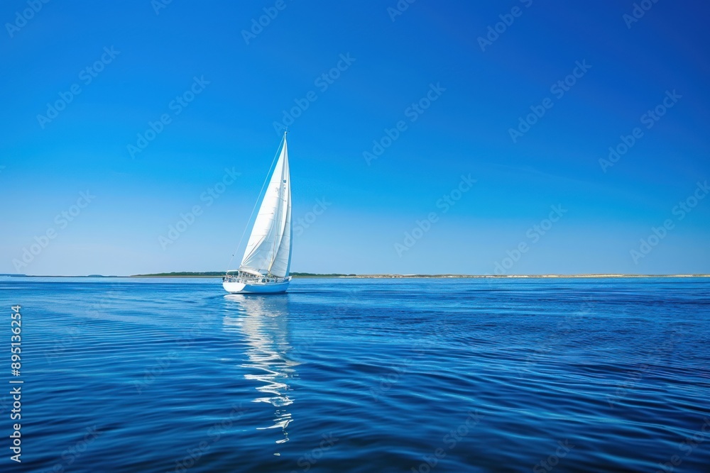 Fototapeta premium A sailboat gliding across calm blue waters under a clear summer sky