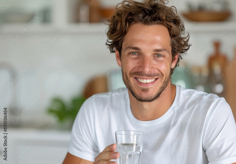 Smiling Man Drinking Water in Kitchen Smiling Man Drinking Water in Kitchen