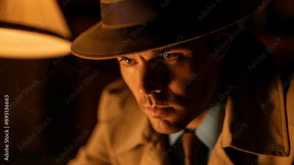 Detective in a trench coat and fedora examining clues on a desk, moody lighting, classic noir setting Detective in a trench coat and fedora examining clues on a desk, moody lighting, classic noir setting