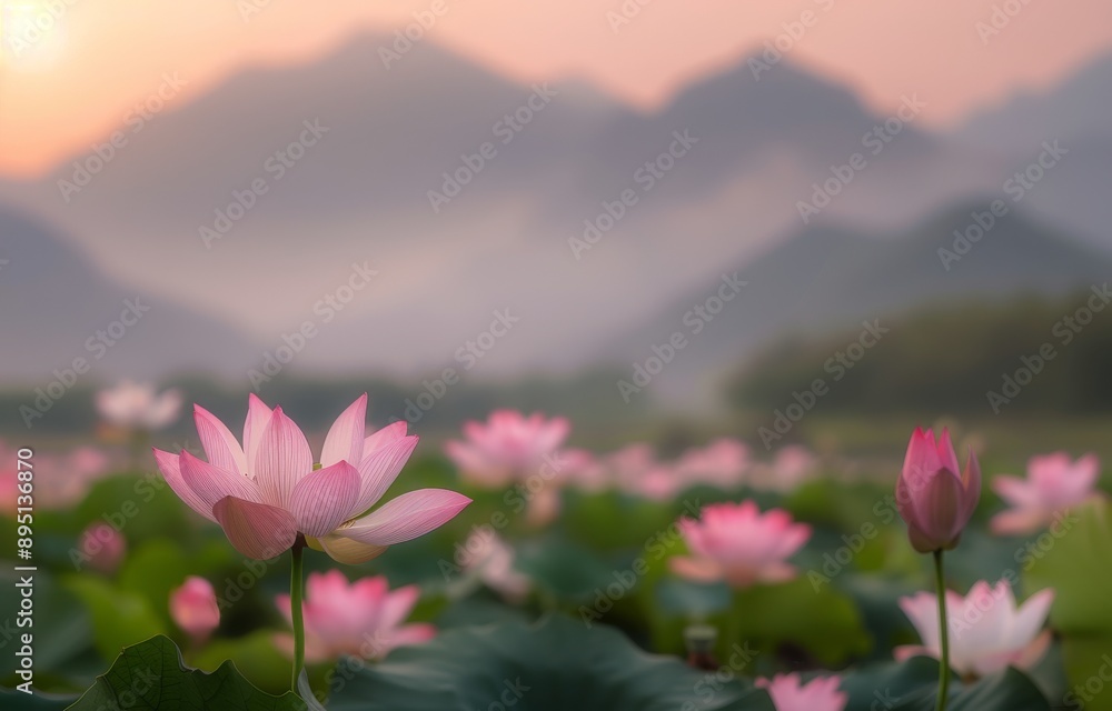 Obraz premium Pink Lotus Flower Field at Sunrise