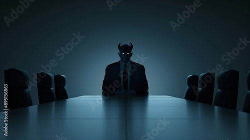 Devil politician sitting in a meeting, other politicians looking uneasy, large conference table, dark shadows, glowing eyes 