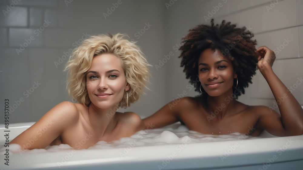 Obraz premium Two Smiling Women Relaxing in a Bubble Bath Together, Enjoying a Peaceful and Joyful Moment