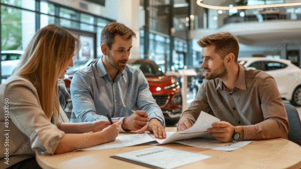 A car salesman and a customer caucasian couple sitting at a table in a car showroom explain signing a contract for the purchase to buy a brand-new luxury car and insurance. A car salesman and a customer caucasian couple sitting at a table in a car showroom explain signing a contract for the purchase to buy a brand-new luxury car and insurance.