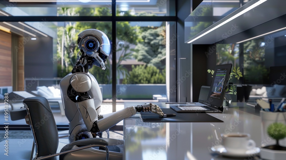Fototapeta premium a humanoid robot is doing work in front of a computer
