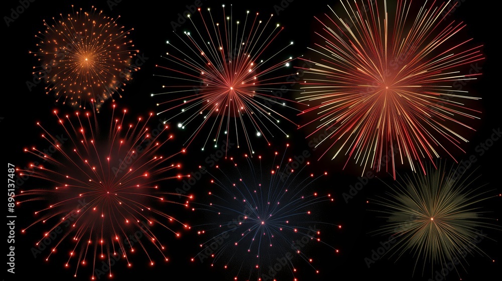 Fototapeta premium Dazzling fireworks display lighting up the night sky with vibrant reds, oranges, and yellows.