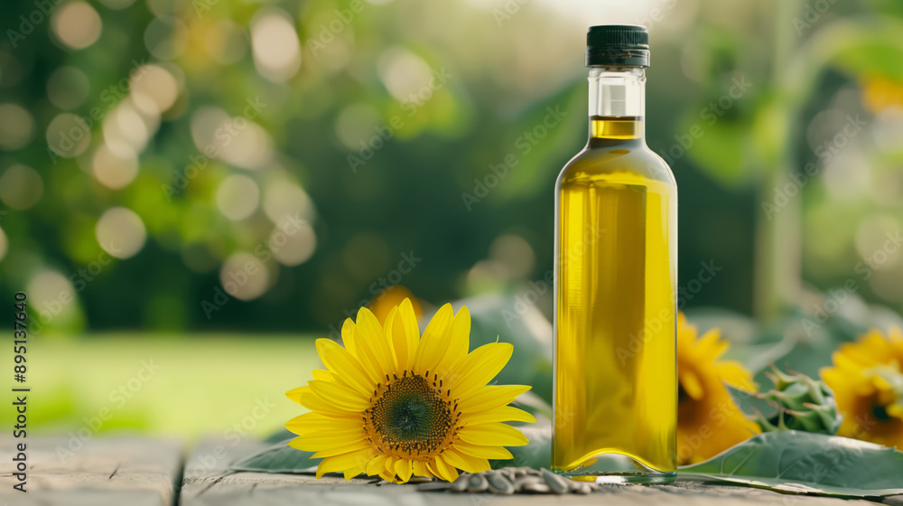 Farm-to-table scene with a bottle of sunflower oil, fresh sunflowers, and harvested seeds, highlighting natural and organic production Farm-to-table scene with a bottle of sunflower oil, fresh sunflowers, and harvested seeds, highlighting natural and organic production