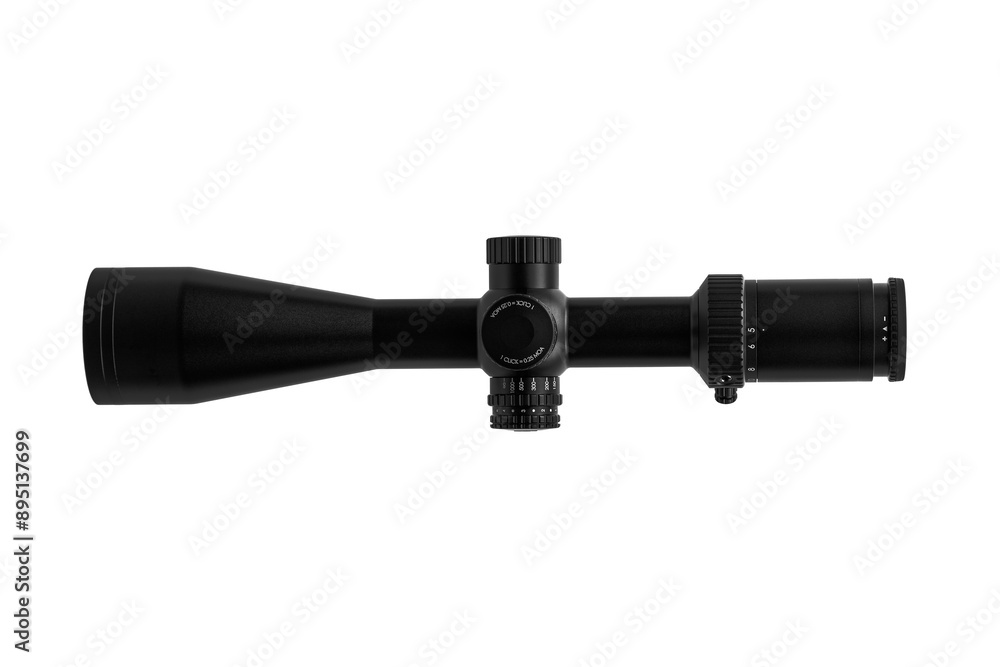 Modern sniper scope on a white back. Optical device for aiming and shooting at long distances. Modern sniper scope on a white back. Optical device for aiming and shooting at long distances.