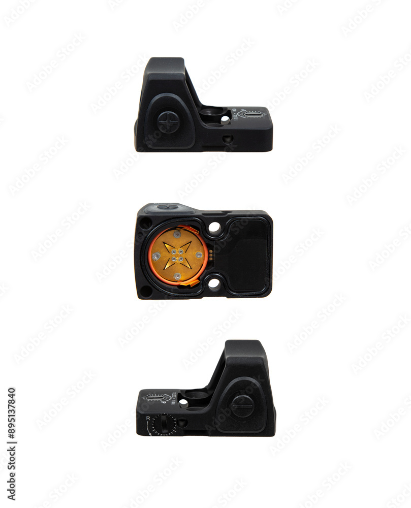 Modern optical collimator sight. Aiming device for shooting at short distances. Isolate on a white back. Modern optical collimator sight. Aiming device for shooting at short distances. Isolate on a white back.