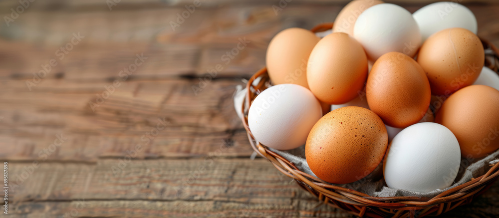 Freshly laid eggs in a basket, different sizes and colors, placed on a rustic wooden table Freshly laid eggs in a basket, different sizes and colors, placed on a rustic wooden table