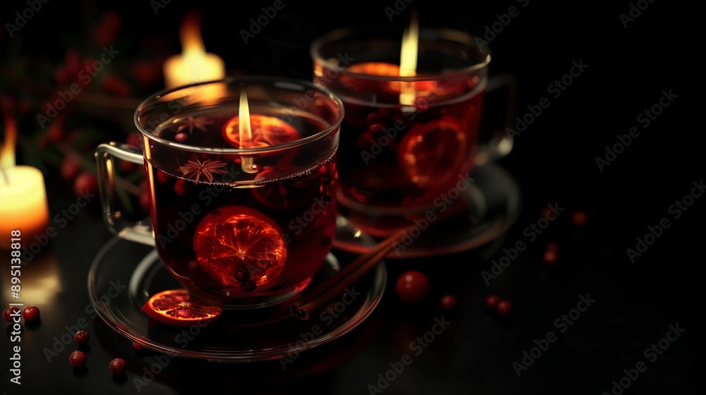 Two hot mulled wine glasses with cinnamon sticks and orange slices, surrounded by warm candlelight on a dark table. Two hot mulled wine glasses with cinnamon sticks and orange slices, surrounded by warm candlelight on a dark table.